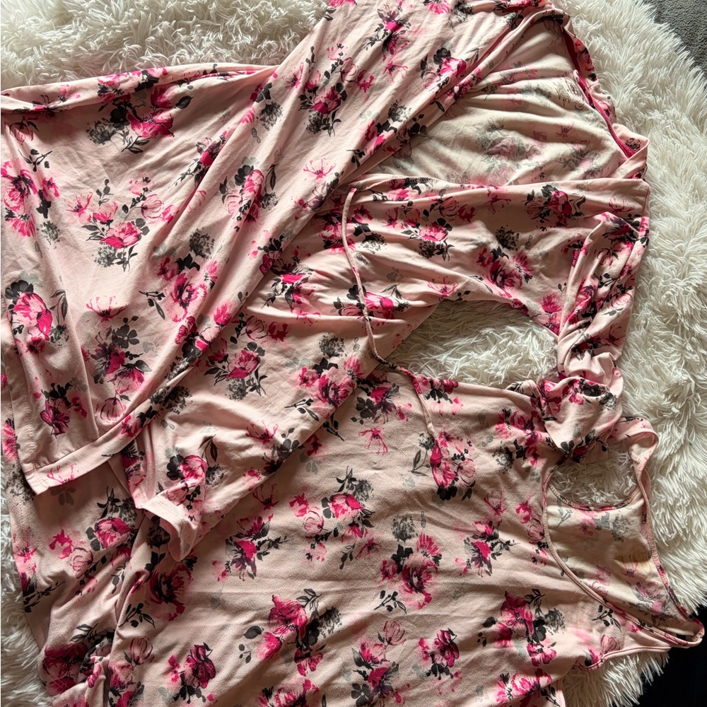 Pink Floral Wrap robe and gown - Pink with Fuchsia & Black Floral Print
